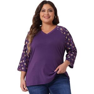 Plus Size V Neck 3/4 Sleeve Raglan Floral Print Top Purple